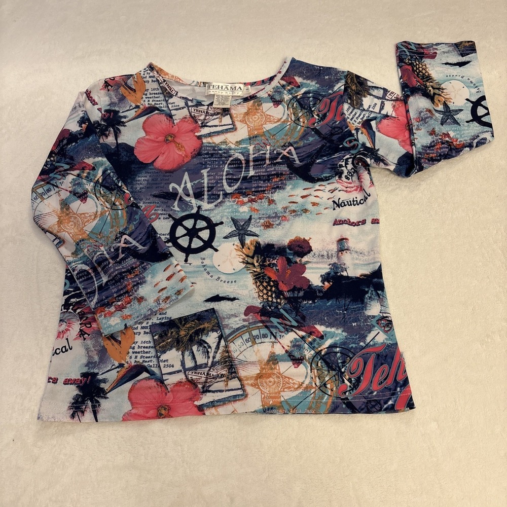 Y2K Hawaiian Aloha Collage Print Graphic Tehama Nancy Haley Women's Size‎ Small